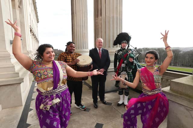 Chairman of the Northern Ireland Assembly Commonwealth Parliamentary Association (CPA) Branch, William Humphrey with performers at an event held in Parliament Buildings to celebrate Commonwealth Day 2022.
 Pictured: L-r: Dona Das Gupta (South Asian Dance Academy), Wilson Magwere (playing the Djembe Drum), Chairman of the Northern Ireland Assembly Commonwealth Parliamentary Association (CPA) Branch, William Humphrey MBE MLA, Matthew Wilson (Campbell College Pipes and Drums) and Leyla Gailius (South Asian Dance Academy).

Photo by Kelvin Boyes / Press Eye