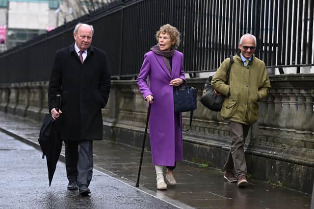 (Left-right) Jim Allister, Kate Hoey and Ben Habib arrive at the High Court in Belfast, where a judgment is expected in the challenge to the Northern Ireland Protocol. PA Photo: Michael Cooper/PA Wire