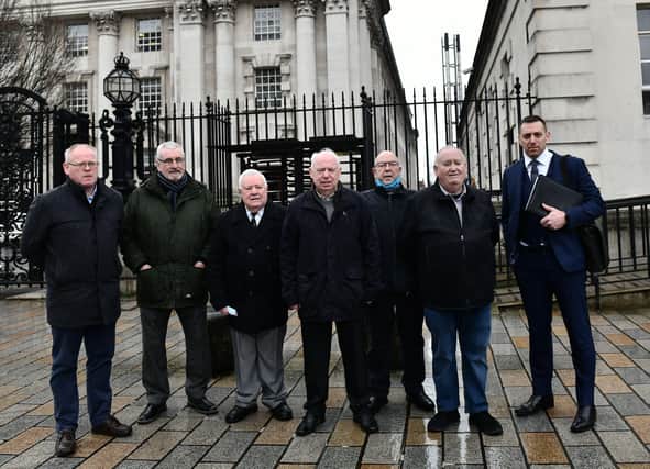 Solicitor Pàdraig " Muirigh   with former internees including Fra McCann, Anthony Hughes, Patrick Fitzsimmons, Patrick Holden, Francis Johnston, James Joseph Walsh at Belfast High Court on Monday.
Pic Colm Lenaghan/Pacemaker