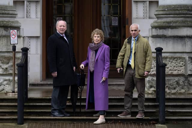 (Left-right) Jim Allister, Kate Hoey and Ben Habib at the High Court in Belfast.