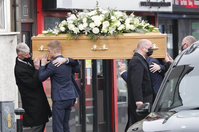 Family members carry the coffin of 28 year-old Samuel Crawford into Sandown Free Presbyterian Church in East Belfast on Thursday, March 15, 2022.  The climber from Newtownards fell on Ben Nevis mountain on March 8th and suffered fatal injuries.  (Picture by Peter Morrison/PressEye)