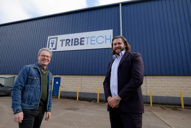Australia’s ambassador to Ireland, Hon. Gary Gray, with Tribe Tech’s managing director Charlie King outside the company’s production facility in Mallusk