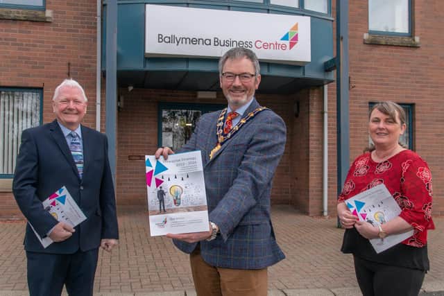 James Perry MBE DL, vice chair of Ballymena Business Centre’s board of directors, Cllr William McCaughey, Mayor of Mid and East Antrim Borough Council and Melanie Christie Boyle MBE, Ballymena Business Centre’s chief executive