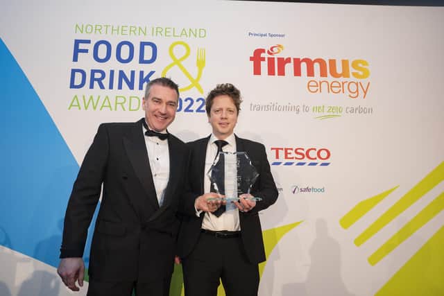 Niall Martindale, interim managing director, firmus energy and JP Lyttle, commercial director Genesis Bakery. Genesis Bakery was awarded the Medium Company Best New Product Award for its Meringue A Tang Biscake