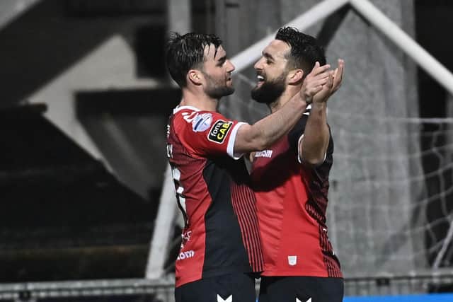 Crusaders striker Johnny McMurray celebrates his goal with Robbie Weir. Pic Colm Lenaghan/Pacemaker