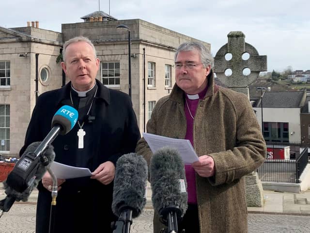 Catholic Primate of All Ireland Archbishop Eamon Martin (left) and the Church of Ireland Primate of All Ireland, Archbishop John McDowell speaking to the media in Armagh on the war in Ukraine and the response to the refugee crisis.  Picture: David Young/PA Wire
