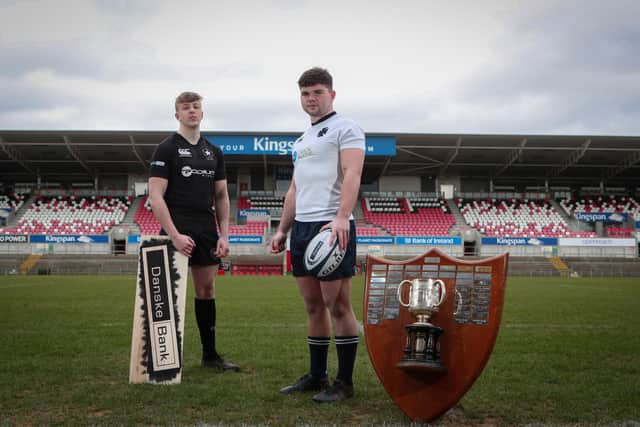 Press Eye Northern Ireland 

Monday 14th March 2022 

Photographer // Matt Mackey Press Eye 
The Danske Bank Schools' Cup Final takes place this Thursday, where Kingspan will see Campbell College and Methodist College come head to head for the 2022 title. Captains Peter O'Hagan (Methody) and Tom Crowther (Campbell) met on the pitch in the lead up to the final.