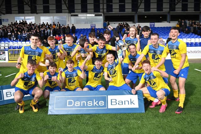 St Columb's College celebrate winning the Danske Bank U18 Northern Ireland Schools Cup. Picture by Stephen Hamilton