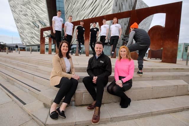 TikTok sensation Cairde during filming outside Titanic Belfast for a new video showcasing Northern Ireland with Helen McGorman, Tourism Ireland, David Meany, Contiki and Eimear Callaghan, Tourism NI