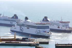 Three P&O Ferries, Spirit of Britain, Pride of Canterbury and Pride of Kent moor up in the cruise terminal at the Port of Dover in Kent. Photo: Gareth Fuller/PA Wire