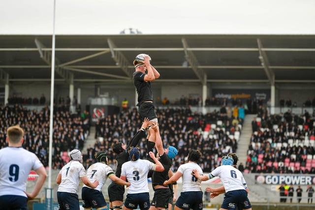 Campbell College's Joe Hopes take a clean catch from a lineout