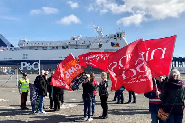 Scenes from the protest at Larne Port on Friday.