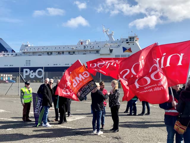 Scenes from the protest at Larne Port on Friday.