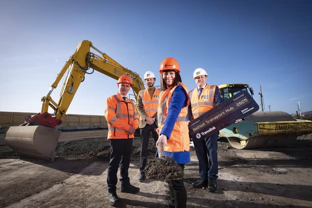 Infrastructure Minister Nichola Mallon cuts the sod on the new Belfast Transport Hub along with Translink Group Chief Executive Chris Conway, Darrell McGuckian, Operations Director at Farrans SACYR JV and Alejandro Mendoza Monfort, Operations Director UK (Sacyr)