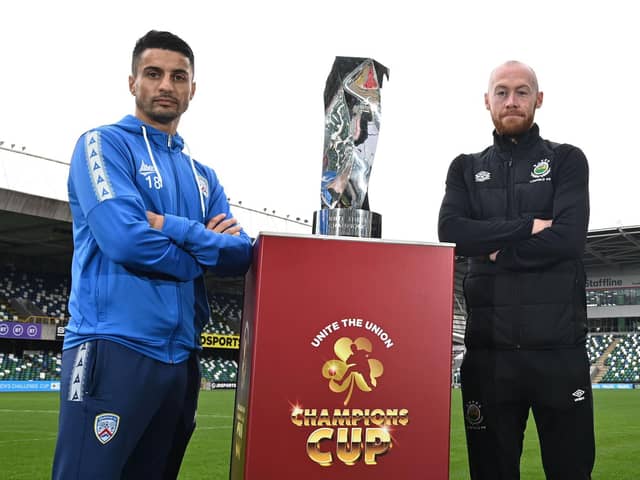Coleraine's Aaron Traynor and Linfield's Chris Shields at the launch of the Unite the Union Cup back in October