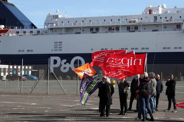 Protestors at Larne Harbour on Friday afternoon.