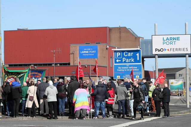 Protestors at Larne Harbour on Friday afternoon.