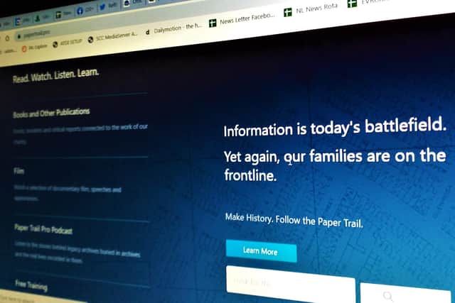 A snapshot of Paper Trail's website, bearing the slogan: 'Information is today's battlefield: once again our families are on the front line'