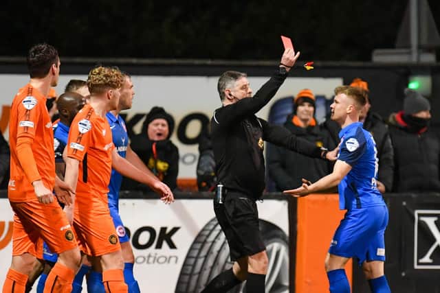 Referee Raymond Crangle issued two red cards to Larne in a 1-1 draw at Carrick Rangers. Pic by Pacemaker