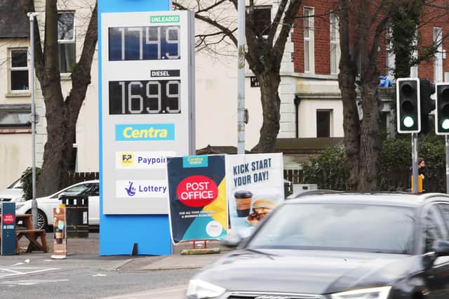 Petrol price of £1.74 and diesel price of £1.69  on the Ormeau Road in Belfast on Monday March 7, 2022. Prices are high everywhere in Northern Ireland, but there is some fluctuation from petrol station to station (Picture by Peter Morrison Press/Eye)