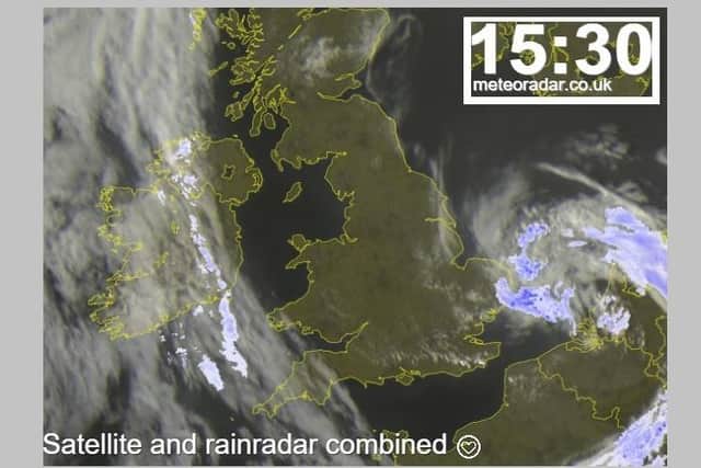Just before the exact moment of the equinox on March 20 2022, a largely cloudless Great Britain and Northern Ireland, with more  cloud over the west of Ireland including parts of NI such as Fermanagh. Satellite image taken meteoradar.co.uk at 330pm