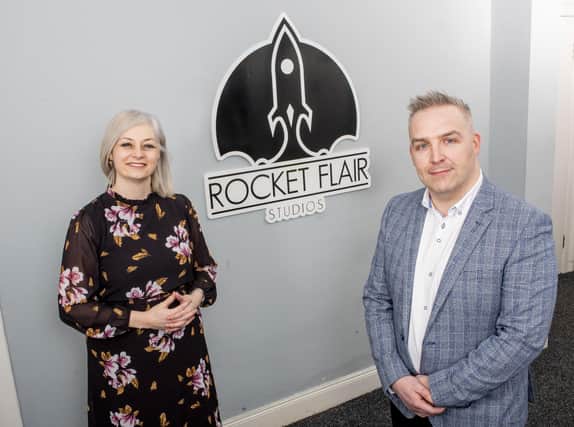 Susan O’Kane, Invest NI’s eastern regional manager and James Bradley, director of Rocket Flair Studios