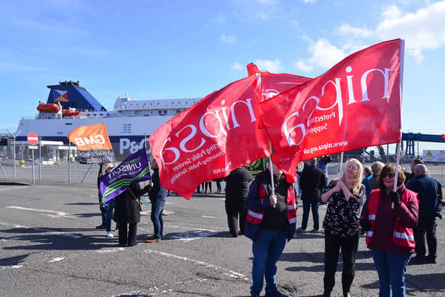 A protest took place at Larne Harbour last Friday afternoon over the dismissal of more than 800 P&O Ferries staff.