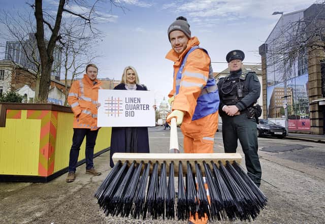 Niall McQuillan, general manager at McQuillan Companies, Charlotte Irvine, LQ BID, Eoin Bigley, clean team and Constable Anthony Rea, PSNI street beat officer