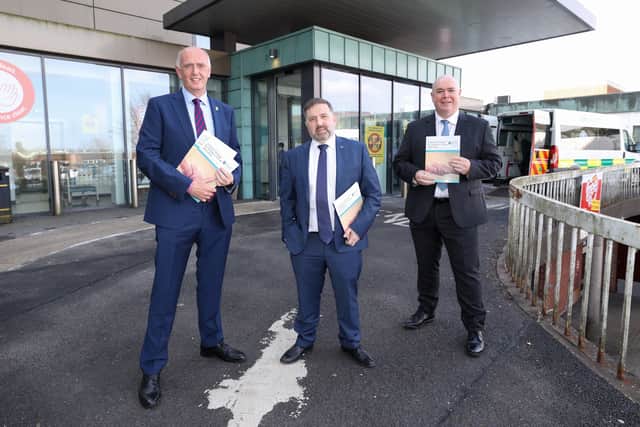 Ivan McMinn, Co-Chair of the Cancer strategy; Health Minister Robin Swann and Professor Gerry Hanna, consultant in clinical oncology