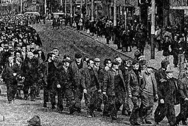 10,000 shipyard workers marched through Belfast city centre on March 24, 1972 in protest at the imposition of direct rule from Westminster. News Letter image