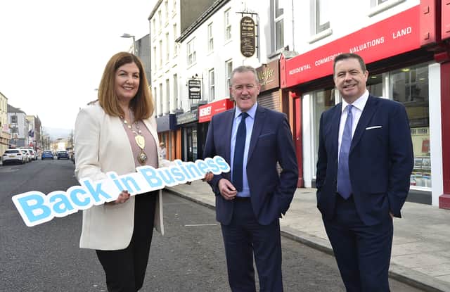 Finance Minister Conor Murphy with Julie Gibbons, president, Newry Chamber of Commerce and Glyn Roberts, chief executive Retail NI
