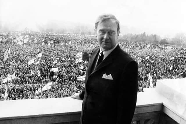 William Craig, leader of the Ulster Vanguard Movement on the balcony of Stormont at tens of thousands of unionists gathered for the last session of the NI Parliament before direct rule. Photo: News Letter library file