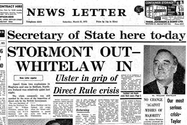 The News Letter front page the day after Westminster collapsed Stormont on 24 March 1972