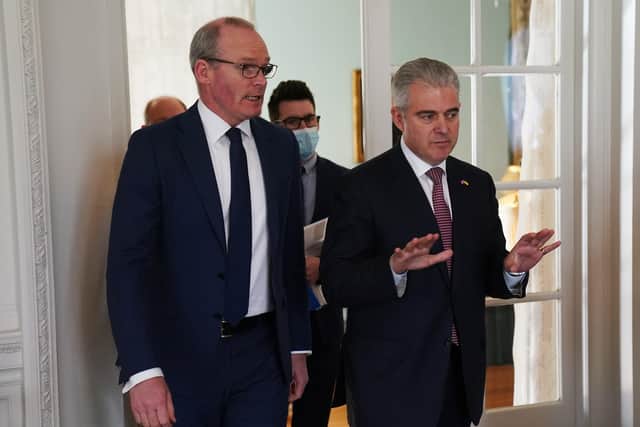 Ireland's Foreign Affairs minister Simon Coveney (left) and Northern Ireland Secretary Brandon Lewis arrive for a meeting of the British-Irish Intergovernmental Conference at Farmleigh House in the Phoenix park, Dublin, yesterday