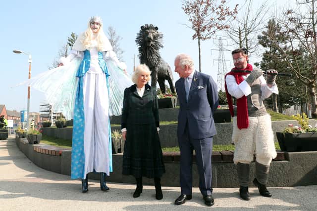 The Prince of Wales and Duchess of Cornwall visit C S Lewis Square and Connswater Greenway in east Belfast.