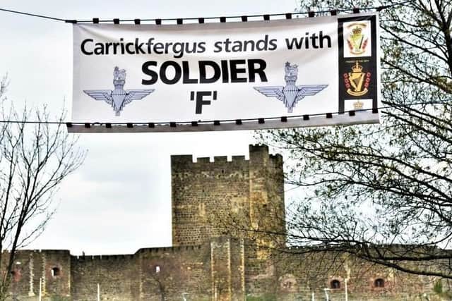 One of many flags and banners put up around Northern Ireland in support of Soldier F in recent years
