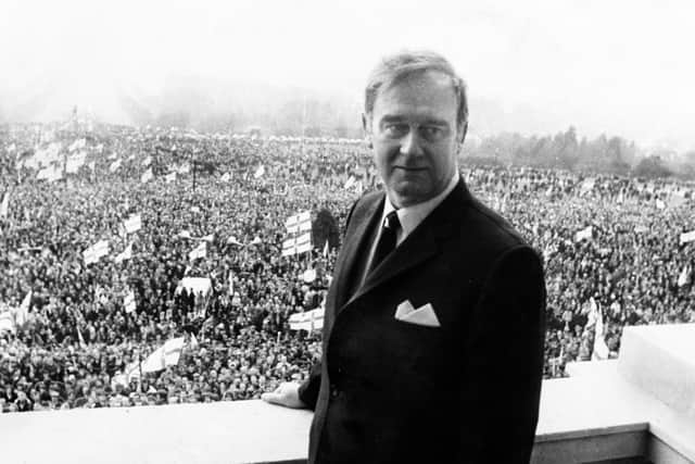 William Craig, leader of the Ulster Vanguard Movement on the balcony of Stormont as tens of thousands of unionists gathered for the last session of the NI Parliament before direct rule. Photo: News Letter library file