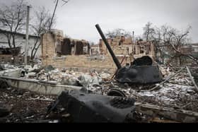 Destroyed buildings seen in the town of Bucha, close to the capital Kyiv, Ukraine.