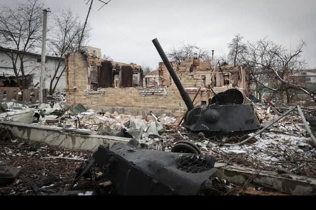 Destroyed buildings seen in the town of Bucha, close to the capital Kyiv, Ukraine.