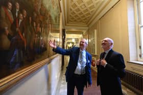 Historian Dr Eamon Phoenix with Speaker of the Assembly and Chairperson of the Assembly Commission, Alex Maskey MLA, viewing the 'The Pope, the Prince and the Painting' at the launch of the Northern Ireland Assembly Commission new permanent display of items and images in Parliament Buildings