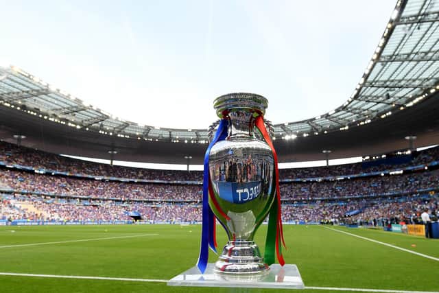 The Henri Delaunay trophy is displayed prior to the Uefa Euro 2016 final in Paris. (Photo by Matthias Hangst/Getty Images)