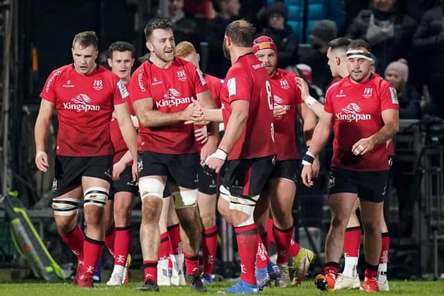 Ulsters' Rob Herring celebrates scoring his sides first try with team-mates during the Heineken Champions Cup, Pool A match at the Kingspan Stadium, Belfast. Picture date: Saturday January 22, 2022.