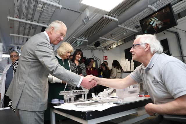 The Prince of Wales (left) and the Duchess of Cornwall at the Waterford Crystal factory during their visit to Waterford in the southeast of the Republic of Ireland. Picture date: Thursday March 24, 2022. PA Photo.