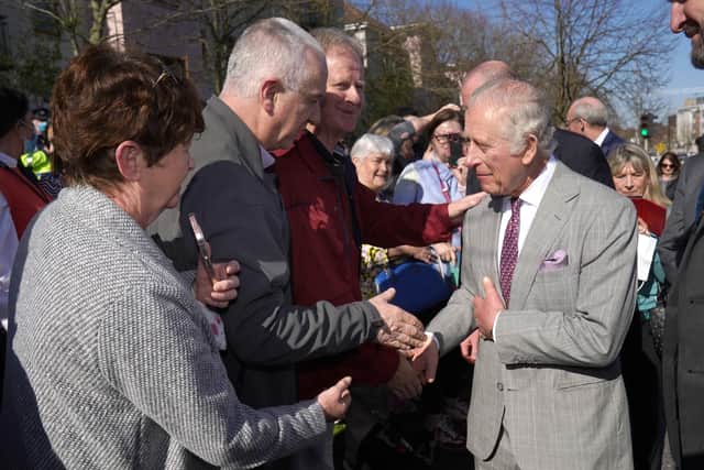 The Prince of Wales meets members of the public following a visit to non-profit social enterprise, Grow It Yourself (GIY), which helps people grow food and learn about food sustainability in Waterford in the southeast of the Republic of Ireland. Picture date: Thursday March 24, 2022. PA Photo. See PA story ROYAL Charles. Photo credit should read: Brian Lawless/PA Wire