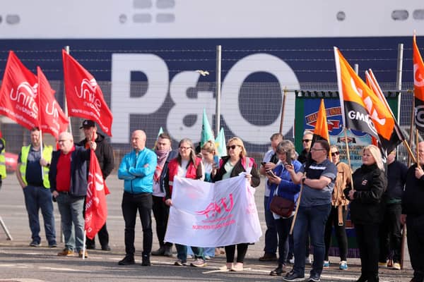 Press Eye - Belfast - Northern Ireland - 25th March 2022Former P&O workers protest with union colleagues at the Port of Larne, Co. Antrim.  The ferry company laid off 800 workers across the UK last week. Picture by Jonathan Porter/PressEye