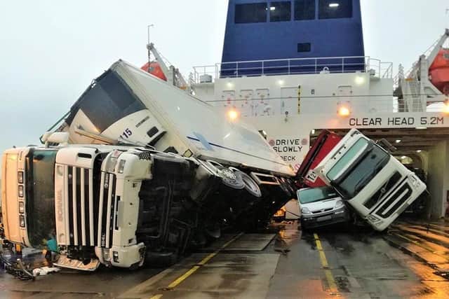 THIS ACCIDENT ON THE EUROPEAN CAUSEWAY FERRY IN 2018 PROVIDES A GRAPHIC ILLUSTRATION OF THE DANGERS OF WORKING ONBOARD FERRIES; THE SAME SHIP HAS NOW BEEN IMPOUNDED BY THE COASTGUARD
