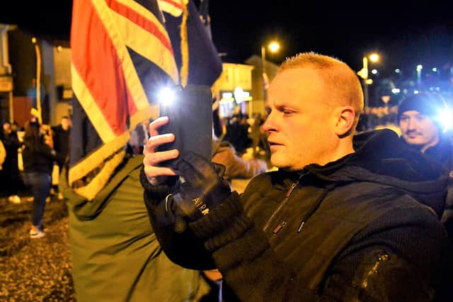 18-02-2022: Jamie Bryson at an anti-Northern Ireland Protocol rally in Co Armagh