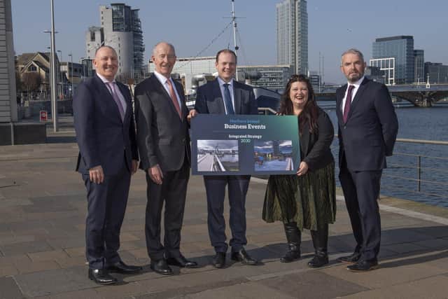 Gerry Lennon, CEO Visit Belfast, Conal Harvey, chair of the Business Events Steering Group, Economy Minister Gordon Lyons, Naomi Waite, Tourism NI’s director of marketing and Odhran Dunne, CEO Visit Derry