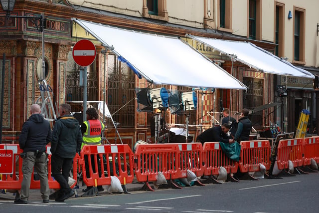 The set during the filming of heist comedy Lift at the Crown Bar in Belfast. 