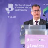 Sir Jeffrey Donaldson addresses businesspeople at a pre-election event hosted by Northern Ireland Chamber of Commerce and Industry